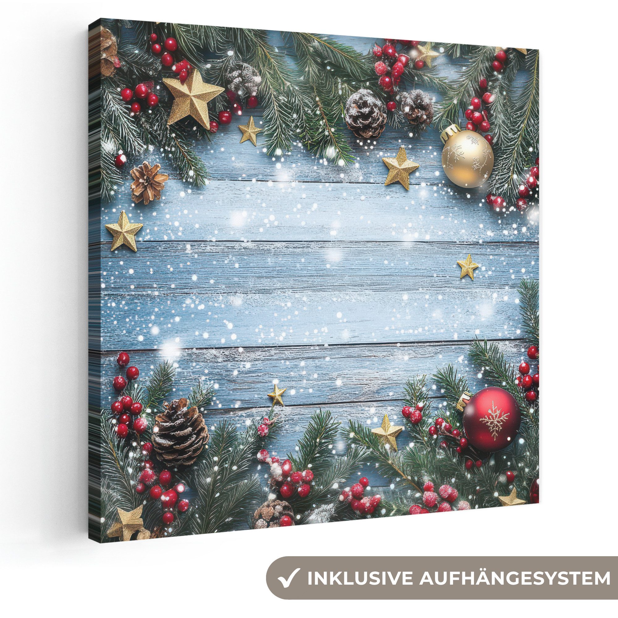OneMillionCanvasses® Leinwandbild Weihnachtsrahmen - Schnee - Mehrfarbig, Fotodruck (1 St), Wandbild, Deko Schlafzimmer Wohnzimmer Flur 20x20 cm