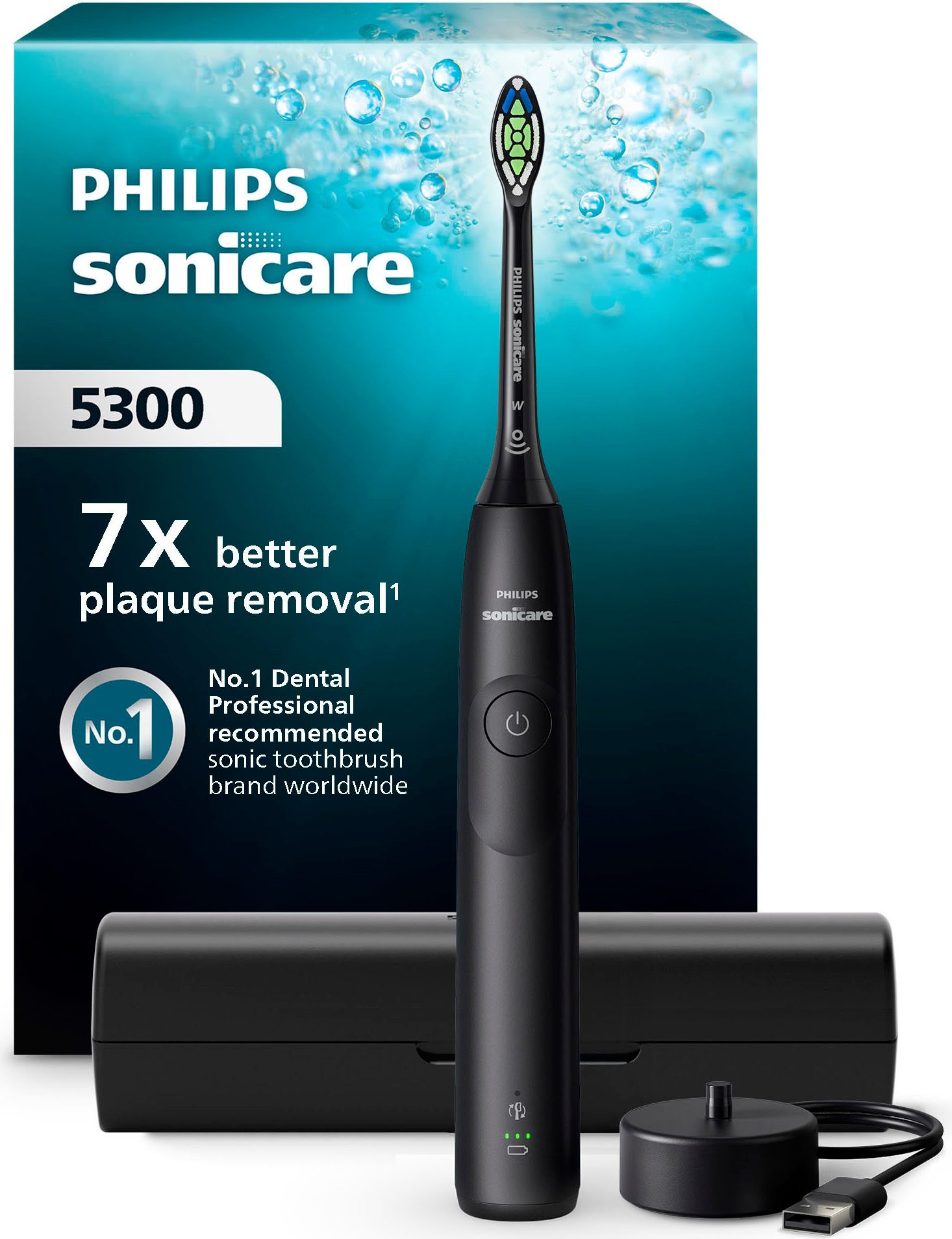 Philips Sonicare Elektrische Zahnbürste Series 5300, Aufsteckbürsten: 1 St., mit Andruckkontrolle, 2 Intensitätsstufen, inkl. Ladegerät, Reiseetui