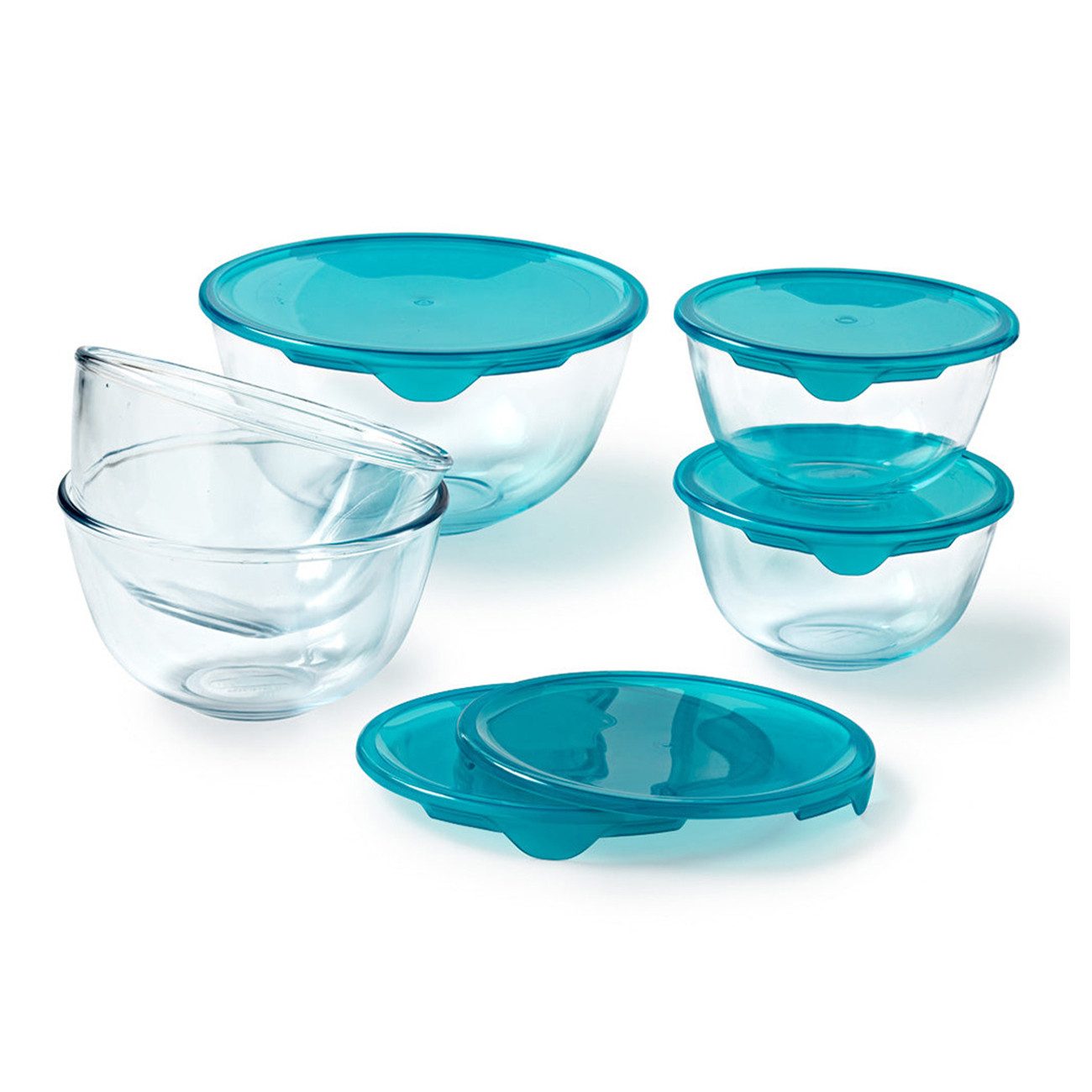 PYREX Frischhaltedose Cook & Enjoy, Borosilikatglas, (Schüssel-Set, 5-tlg., 0,5/1/2,3 l), luftdicht, stapelbar, mikrowellengeeignet