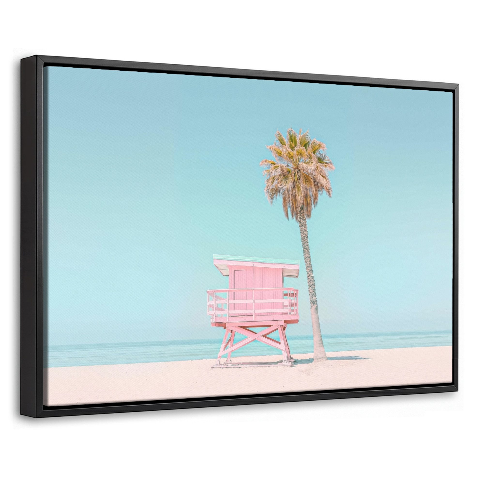 OneMillionCanvasses® Leinwandbild mit Rahmen - Palme - Strandhaus - Rosa, Fotodruck (1 St), Bilder, Zimmer Wand Bild Dekoration 30x20cm