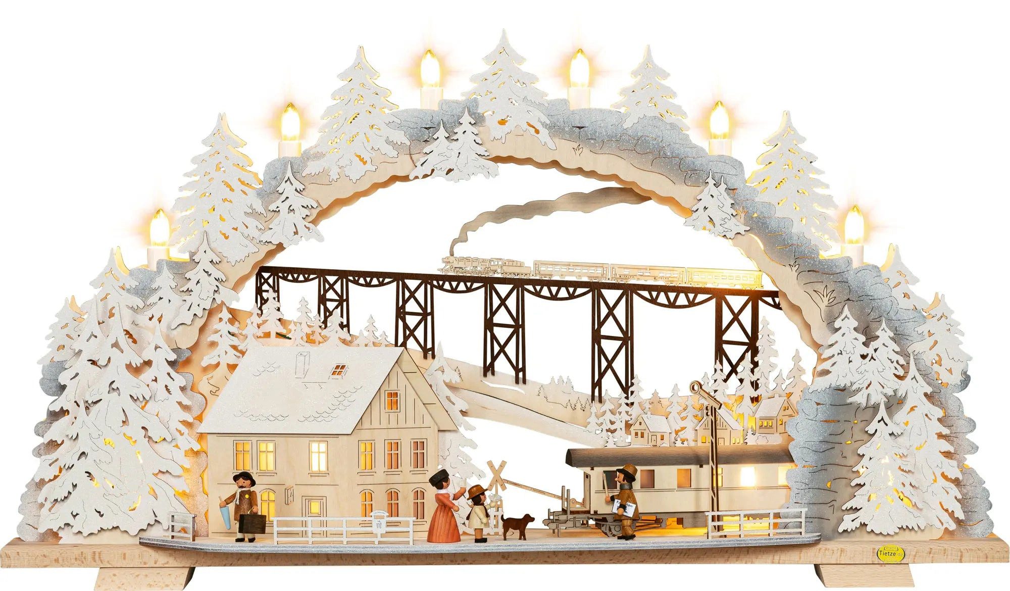 Tietze Erzgebirgsdesign LED Schwibbogen variabel, Zugfahrt ins Erzgebirge beschneit, 70x39x13 cm (BxHxT)