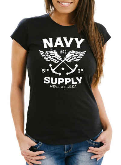 Neverless Print-Shirt Cooles Damen T-Shirt Nautical Maritim Anker Flügeln Navy Supply Vintage Neverless® mit Print