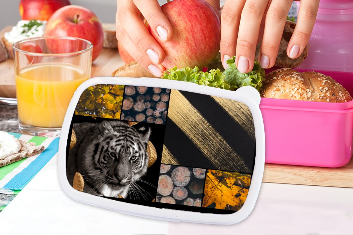 MuchoWow für Erwachsene, (2-tlg), Gold - Kunststoff rosa Brotbox Collage, - Kinder, Snackbox, Brotdose Mädchen, - Holz Kunststoff, Lunchbox Tiger
