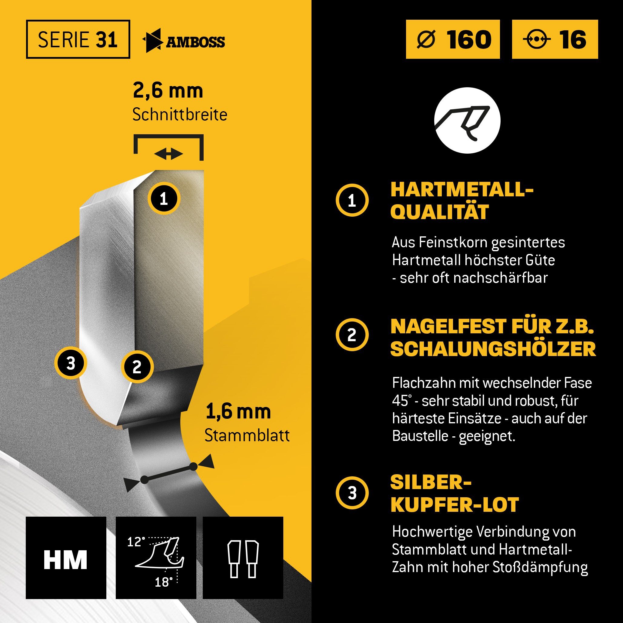 - Kreissägeblatt FWF, FWF (Zahnform) (Zahnstellung) Z12 16 Kreissägeblatt (Bohrung) Werkzeuge Amboss x 2.6/1.6 16 positiv mm x 160 HM