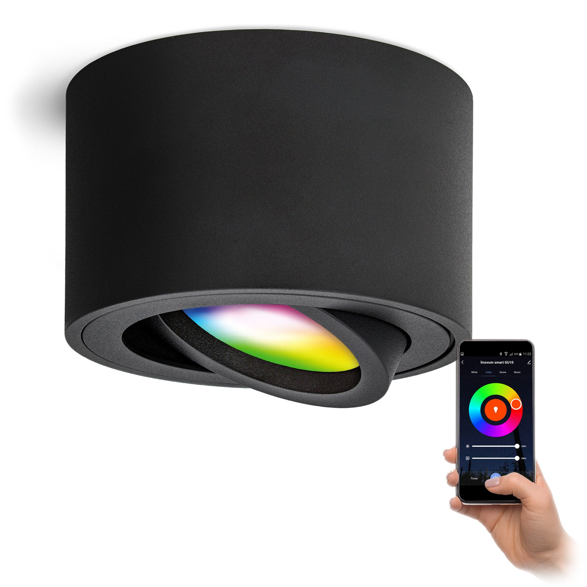 linovum LED Aufbaustrahler Aufbauleuchte SMOL schwenkbar in schwarz matt & rund inkl. smarte LED, RGB