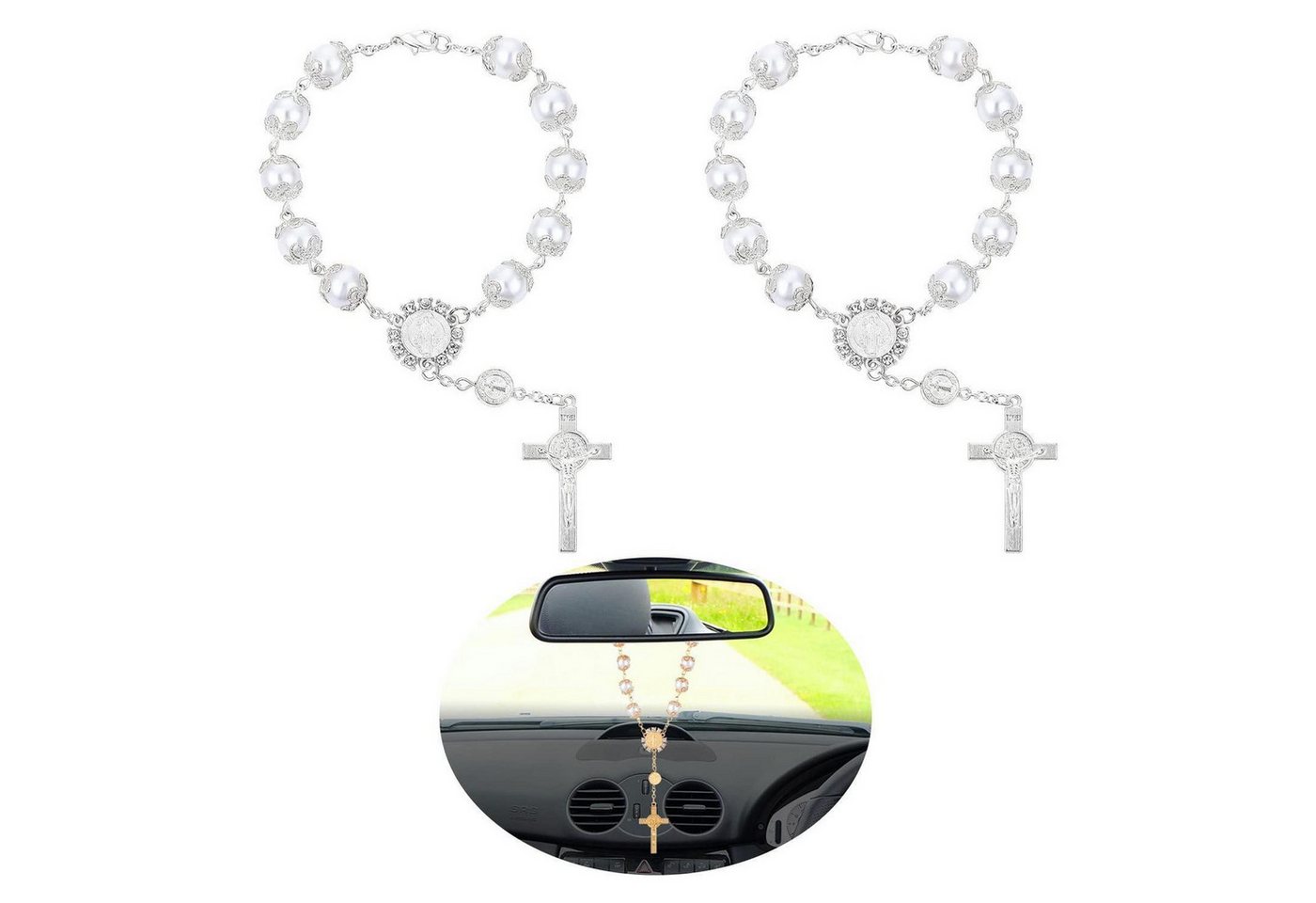 LuxusKollektion Ornament Auto Rosenkranz Rückspiegel Kreuz Anhänger 2er Damen Herren Weiß