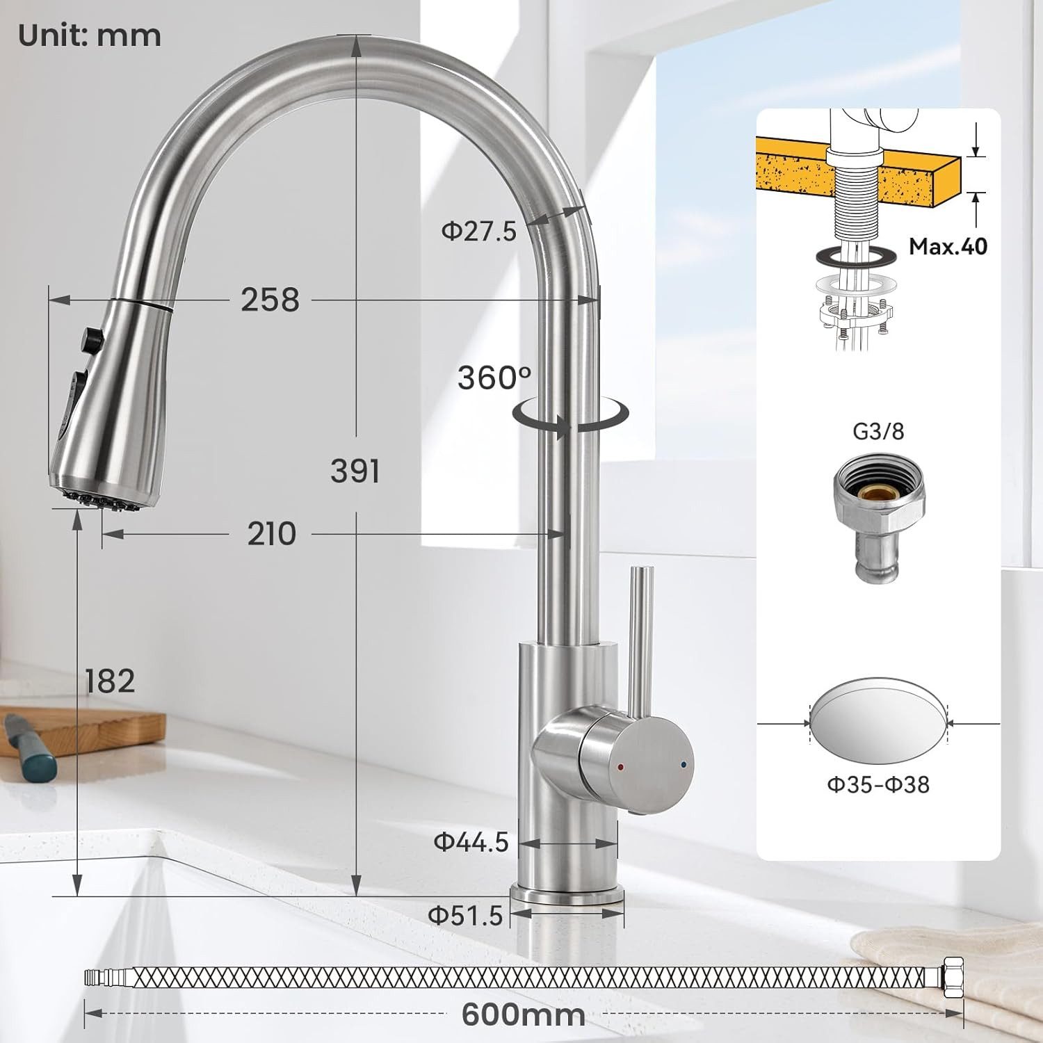 wohnTRAUM24 Spültischarmatur Wasserhahn Küche Schwarz mit 3 Modi,Hochdruck Küchenarmatur Ausziehbar (Mischbatterie, versenkbare Armatur) Hohem Bogen Mischbatterie Küche 360° Schwenkbar