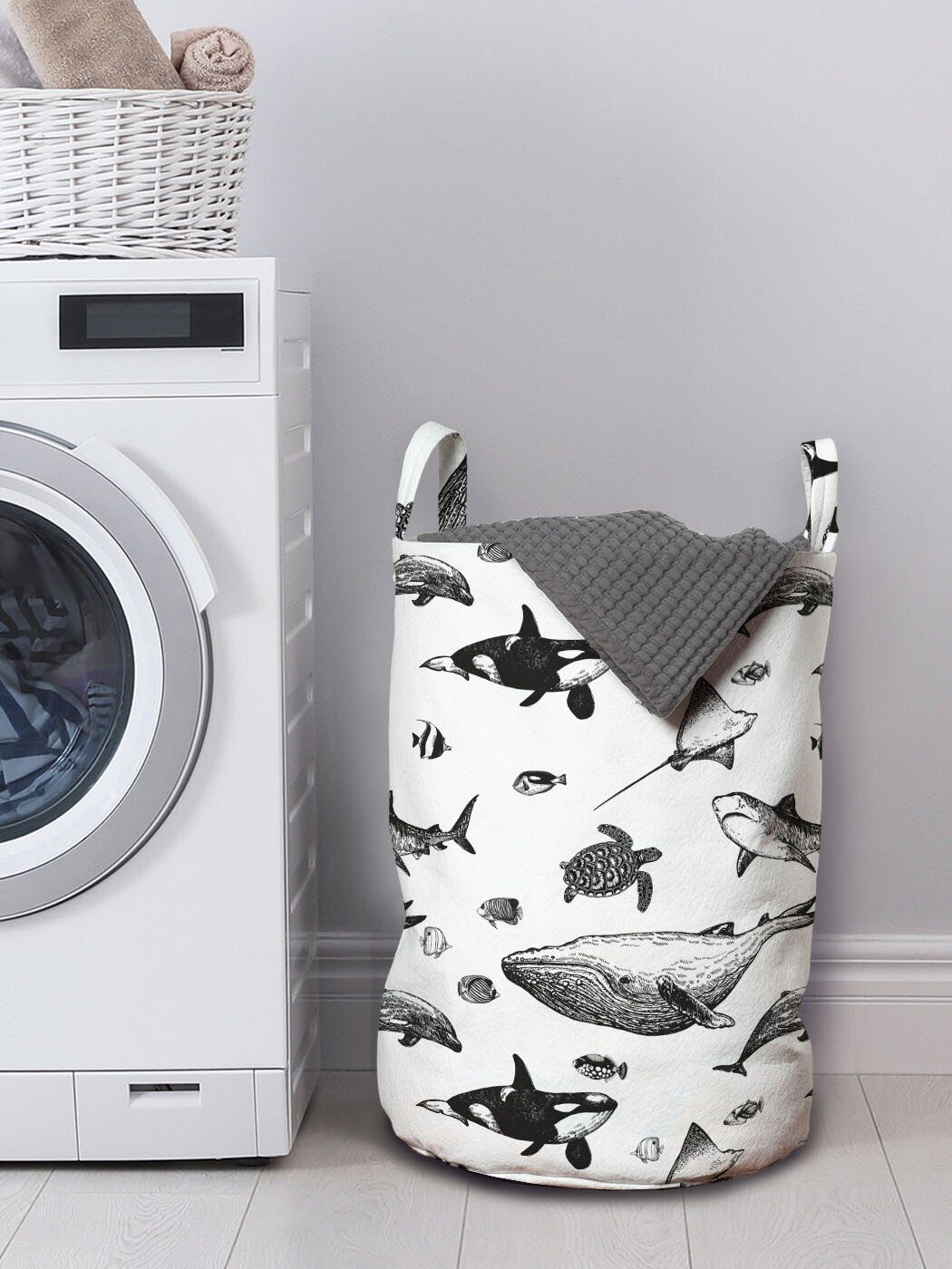 Wäschekorb Monochrome Stil Kordelzugverschluss Abakuhaus Wäschesäckchen für Waschsalons, Griffen Nautisch Tiere mit