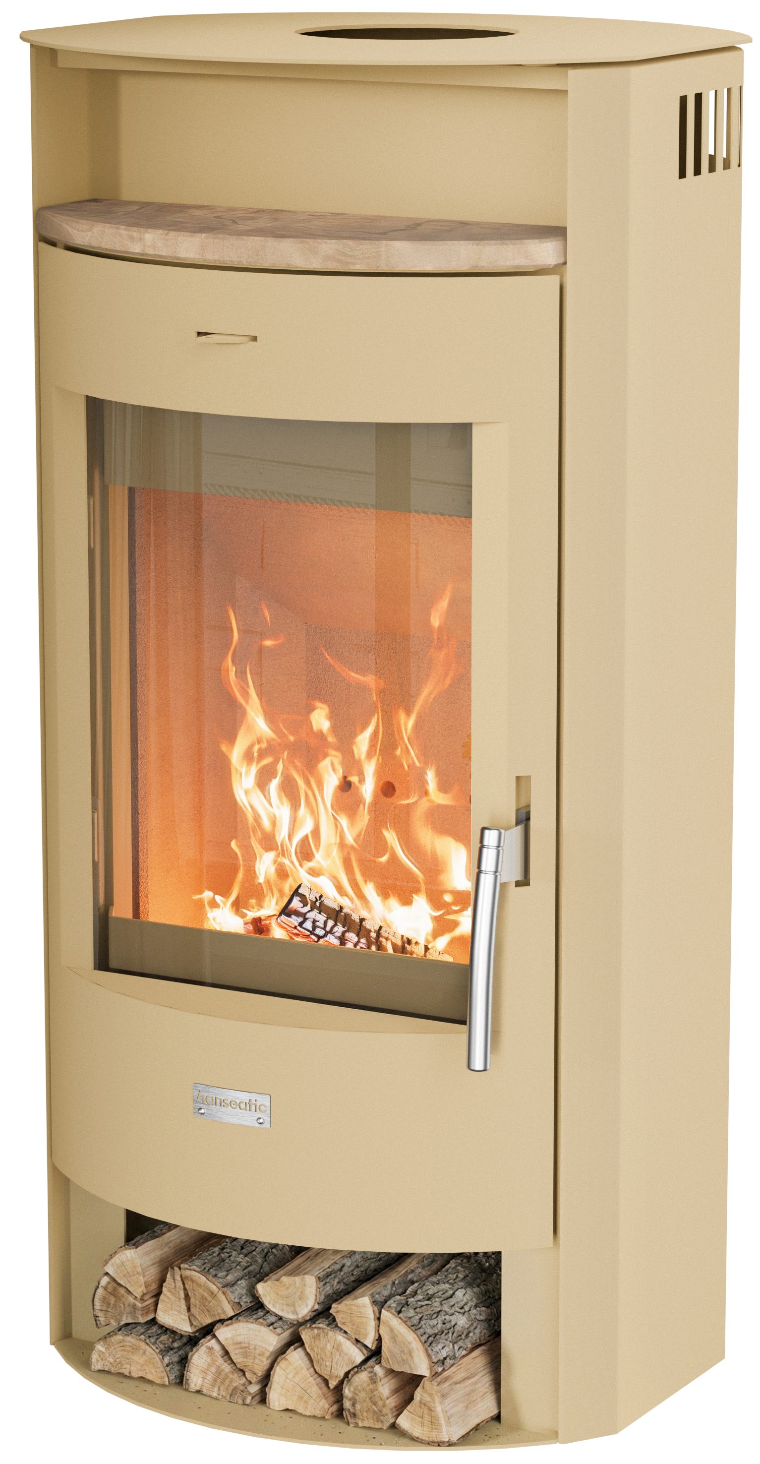Hanseatic Kaminofen MAIA Stahl beige, Lieferung bis ins Wohnzimmer, 6,2 kW, Zeitbrand, NEU und Exklusiv mit Standsteinteefach