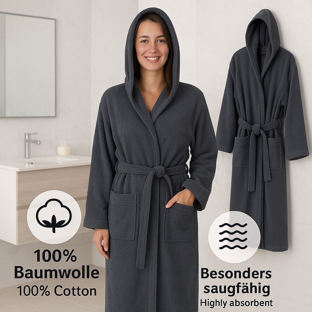 Betz Bademantel Saunamantel mit Kapuze BERLIN für Herren und Damen, Wadenlang, 100% Baumwolle, Kapuze, gürtel