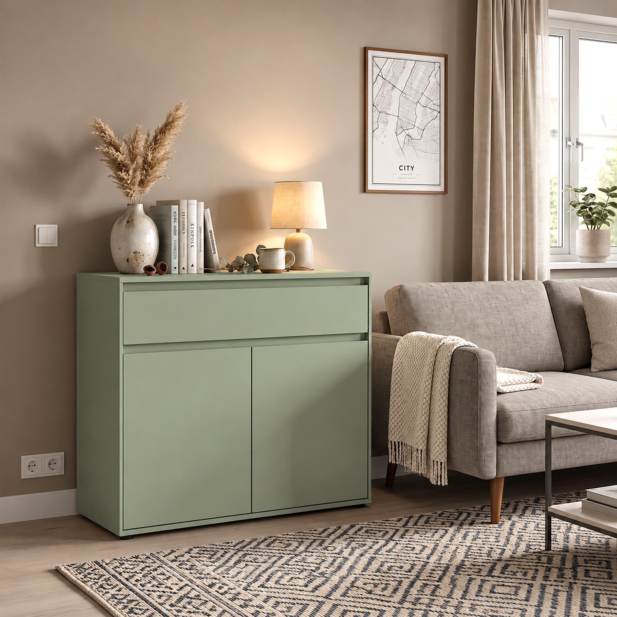 Lomadox Kommode ZOLLINO-129, in Grün, 92 cm breit mit 2 Türen & 1 Schublade