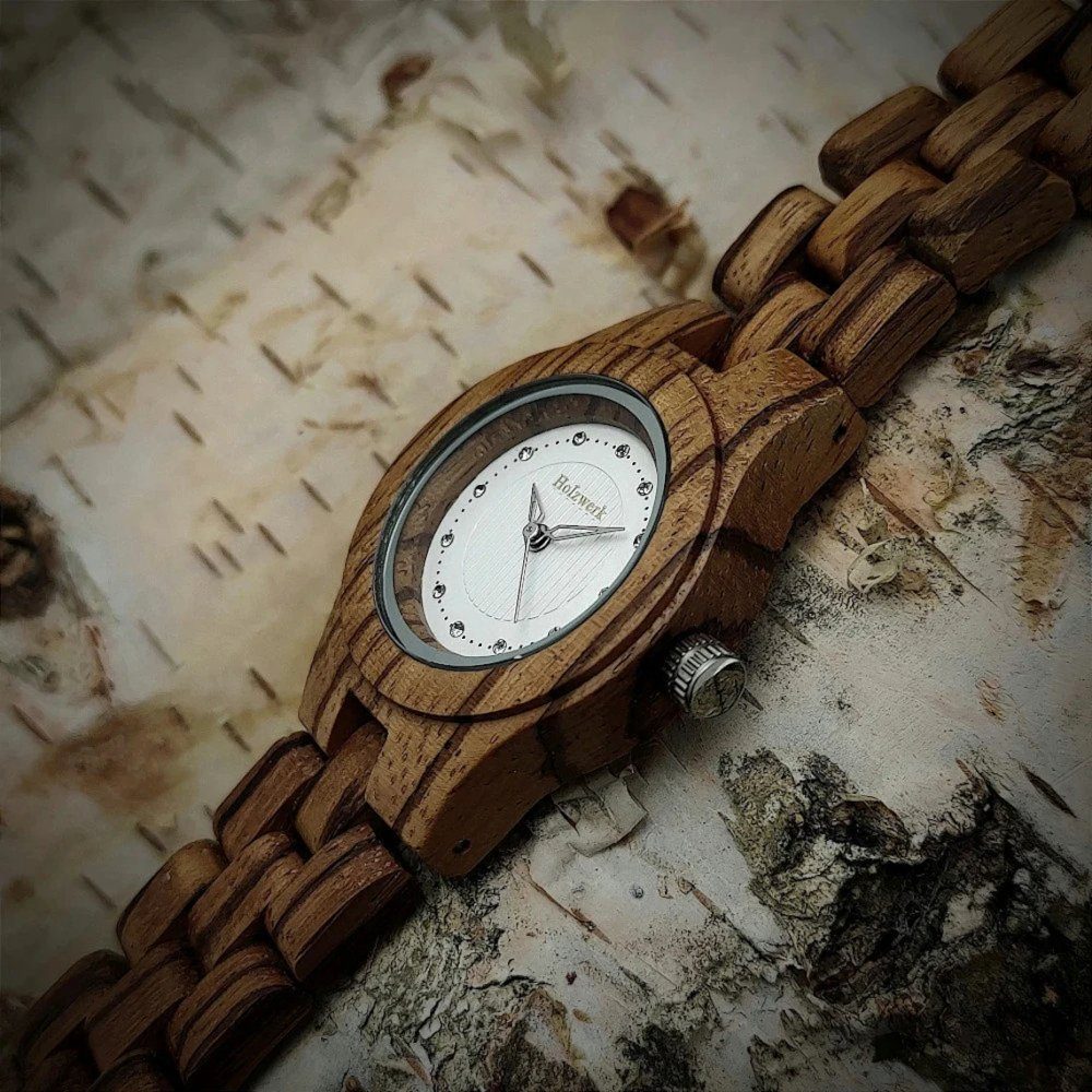 braun Quarzuhr Damen kleine Holz Armband & Strass PARCHIM Uhr, Walnuss Holzwerk weiß
