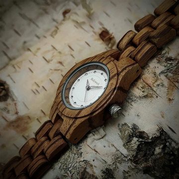 Holzwerk Quarzuhr PARCHIM kleine Strass Damen Holz Armband Uhr, Walnuss braun & weiß