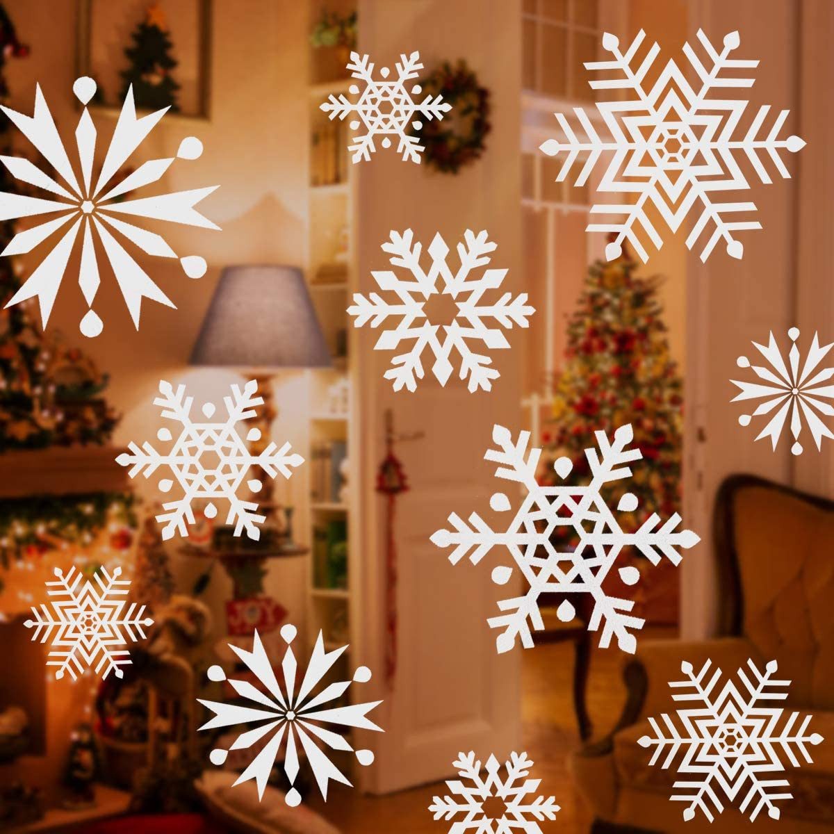 Salcar Fensterbild Fensteraufkleber Weihnachten Schneeflocken Weihnachtsdekoration Deko, 100er-Set Aufkleber in 3 Größen und 4 Formen, Doppelseitig Sichtbar