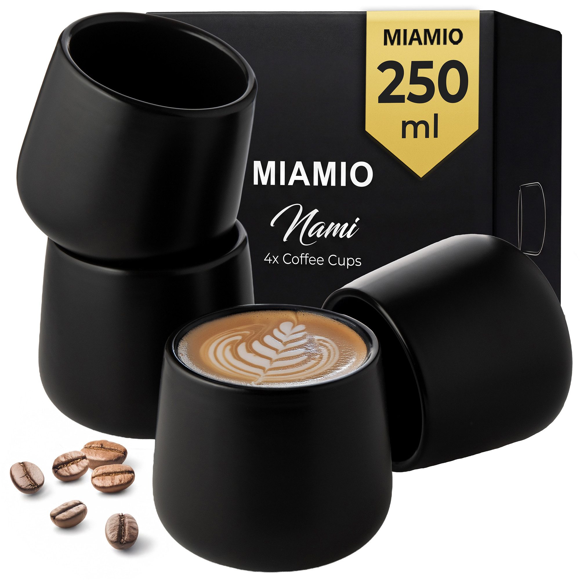 MiaMio Tasse Nami Kaffeebecher Schwarz, 4-tlg., Keramik, ohne Henkel, 250 ml