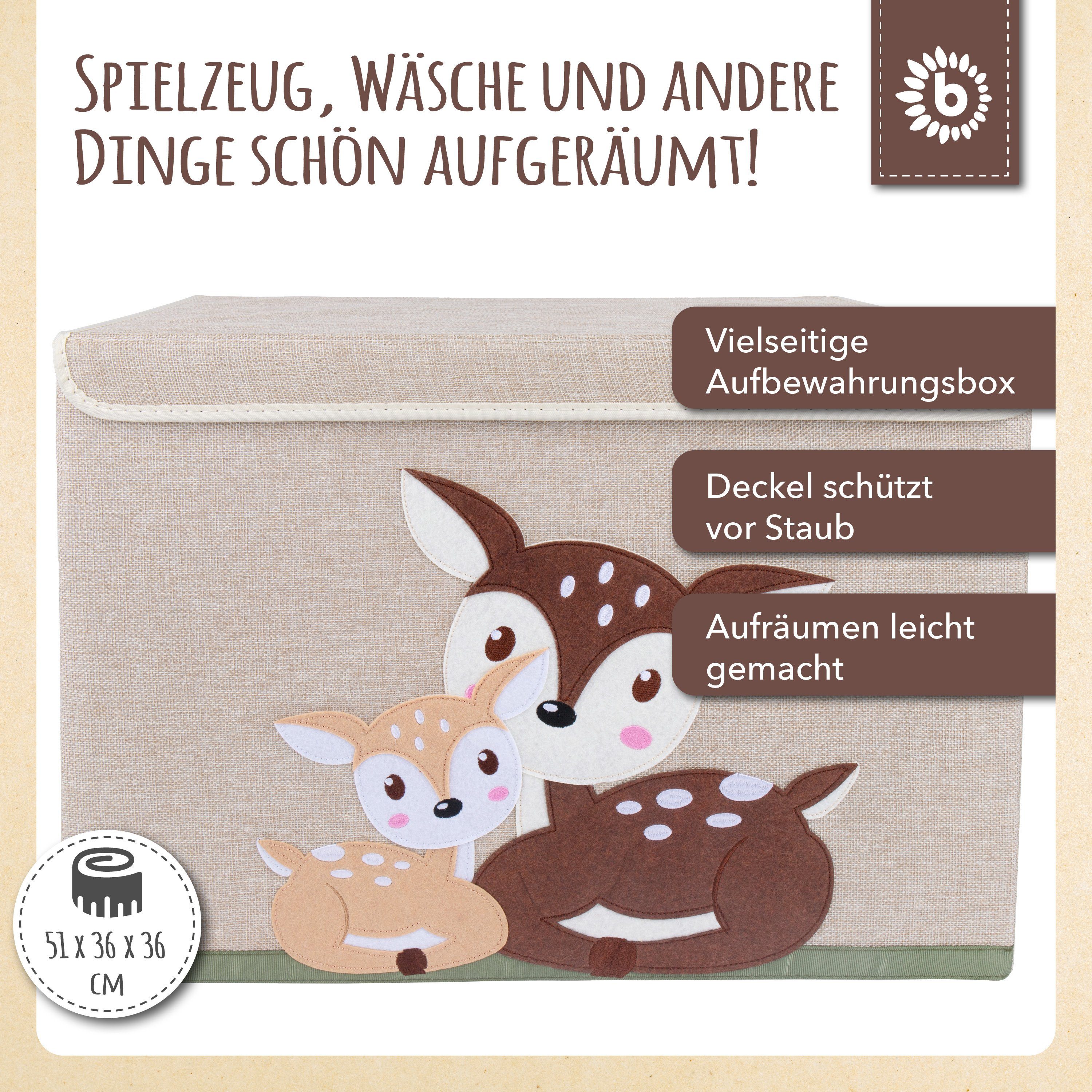 Aufbewahrungsbox Wickeltisch BIECO mit Aufbewahrungsbox Deckel Deckel Spielzeugkiste 36x36x51cm ca. faltbar Organizer 65L Reh Groß mit Deckel Kinder Kisten Bieco Motiv Spielzeugtruhe Aufbewahrungsbox mit