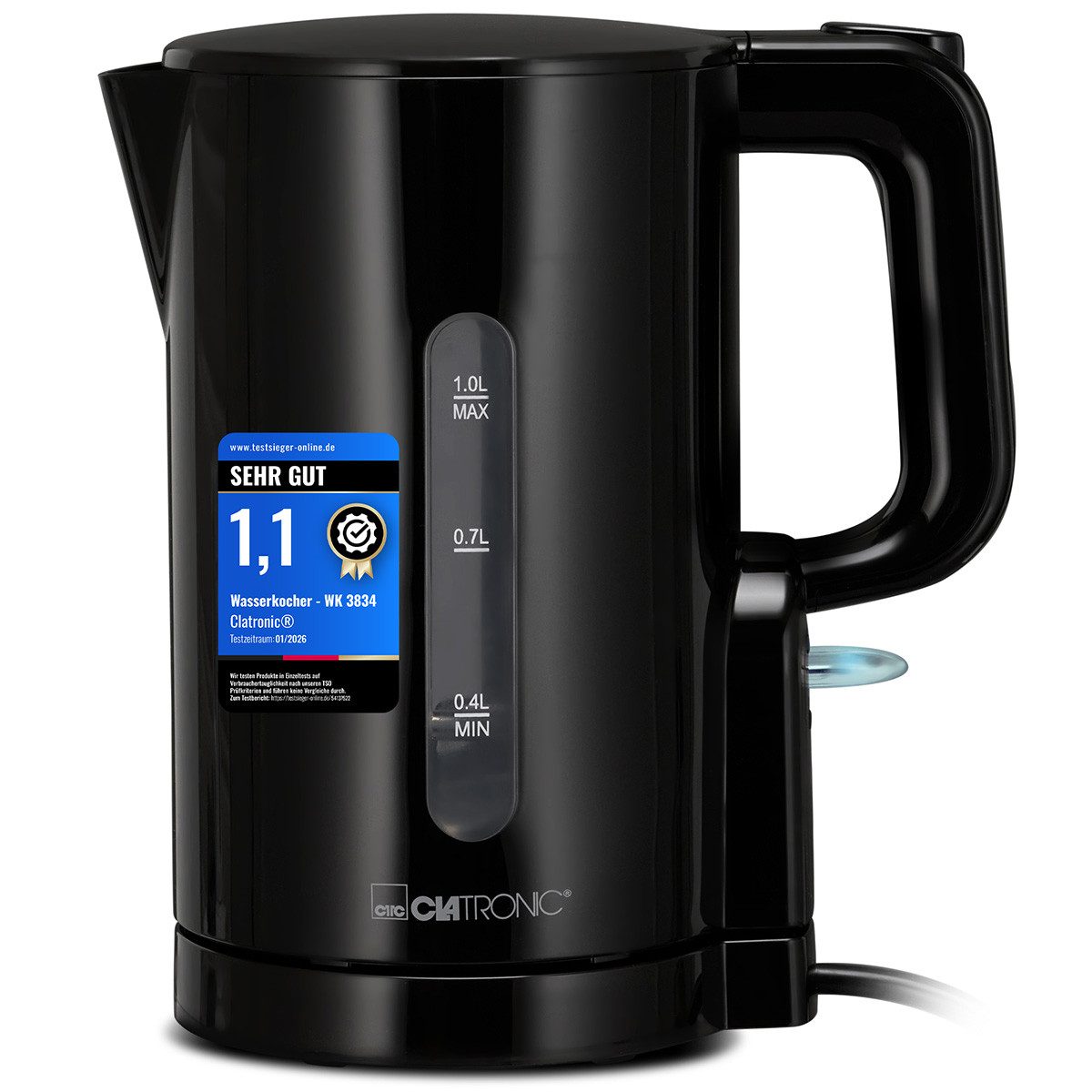 CLATRONIC Wasserkocher WK 3834, Wasserkocher 1L, 900W, Einhandbedienung