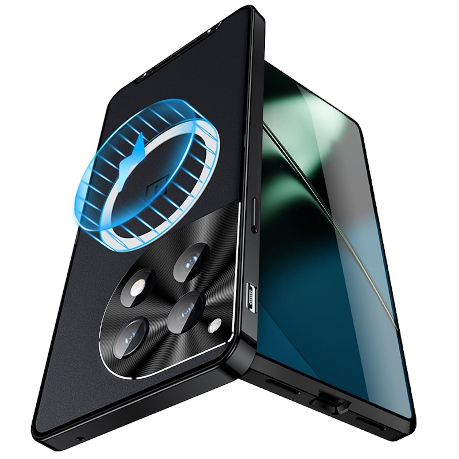 Wigento Handyhülle Für OnePlus 12 Magnetische Magsafe Metall Design Schutz Hülle Schwarz, MagSafe Metall Handyhülle mit erhöhter Schutzkante