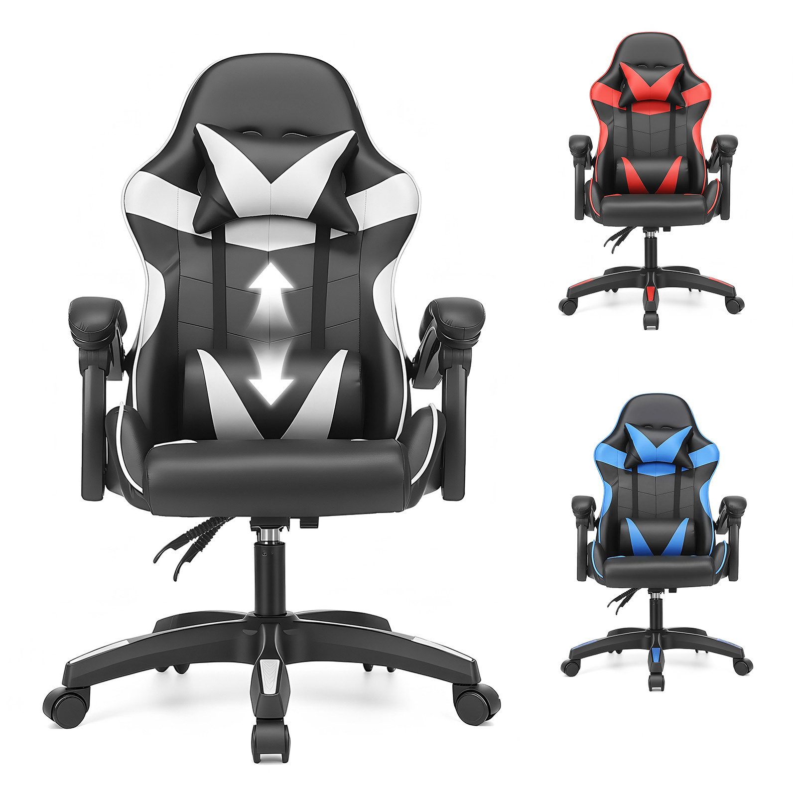 oyajia Gaming-Stuhl Gaming Stuhl, Bürostuhl Ergonomisch Wippfunktion bis zu 135° (mit Kopfstütze und Lendenkissen), Rückenlehne und Sitzfläche kippbar,Gamingstuhl mit Höhenverstellung
