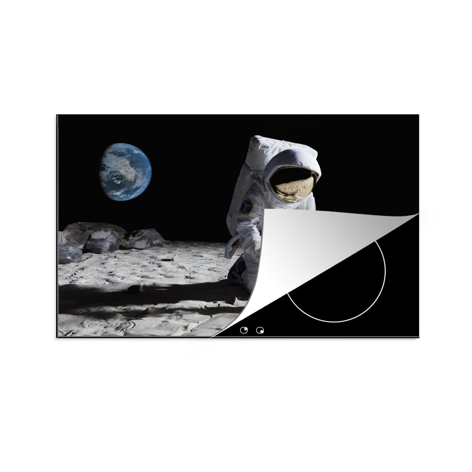 Erde, 81x52 küche, tlg), Vinyl, Mond Astronaut Herdblende-/Abdeckplatte Induktionskochfeld MuchoWow cm, - die Ceranfeldabdeckung Schutz - für (1