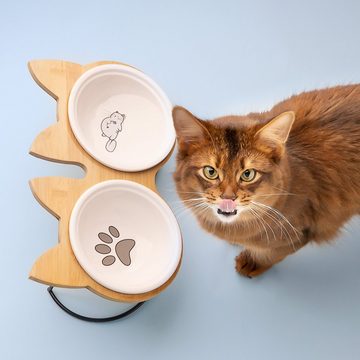 Navaris Tier-Beschäftigungsspielzeug Futterstation Set mit Bambus-Halterung und Keramiknapf, Katzen/Hunde, Bambus/Keramik