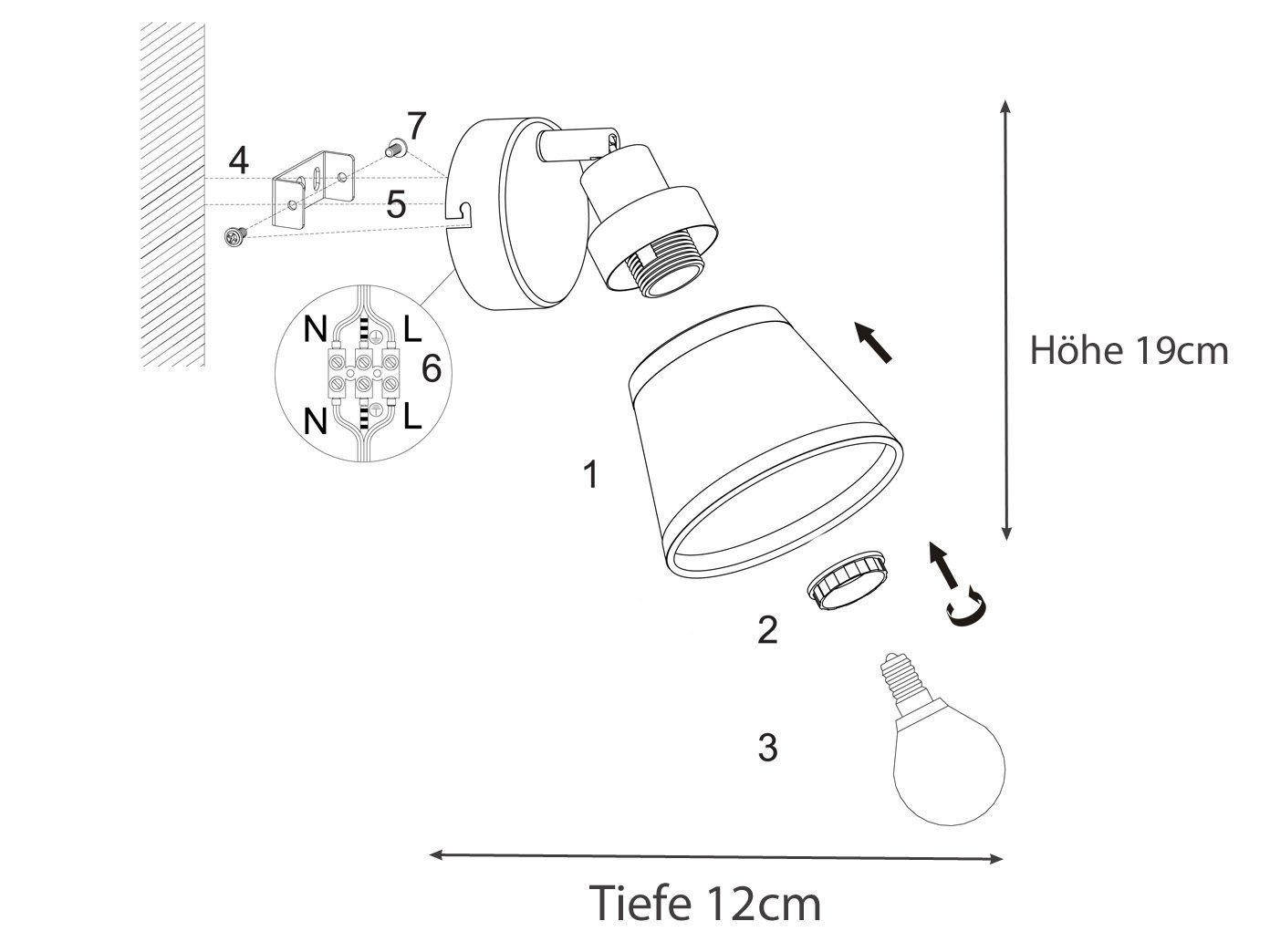 19cm innen, Treppenhaus Wandstrahler, Wandlampe ohne Nachttischlampe Leselampe Höhe Wand, WOFI Leuchtmittel,