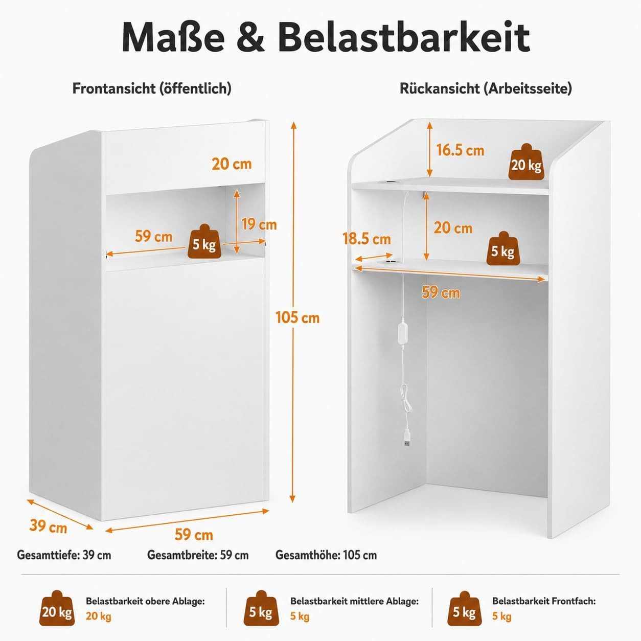 FUFU&GAGA Empfangstheke mit 2 Schränken und 1 Tastaturschublade, 150 x 52 x 100 cm, weiß – Bild 3 von 5