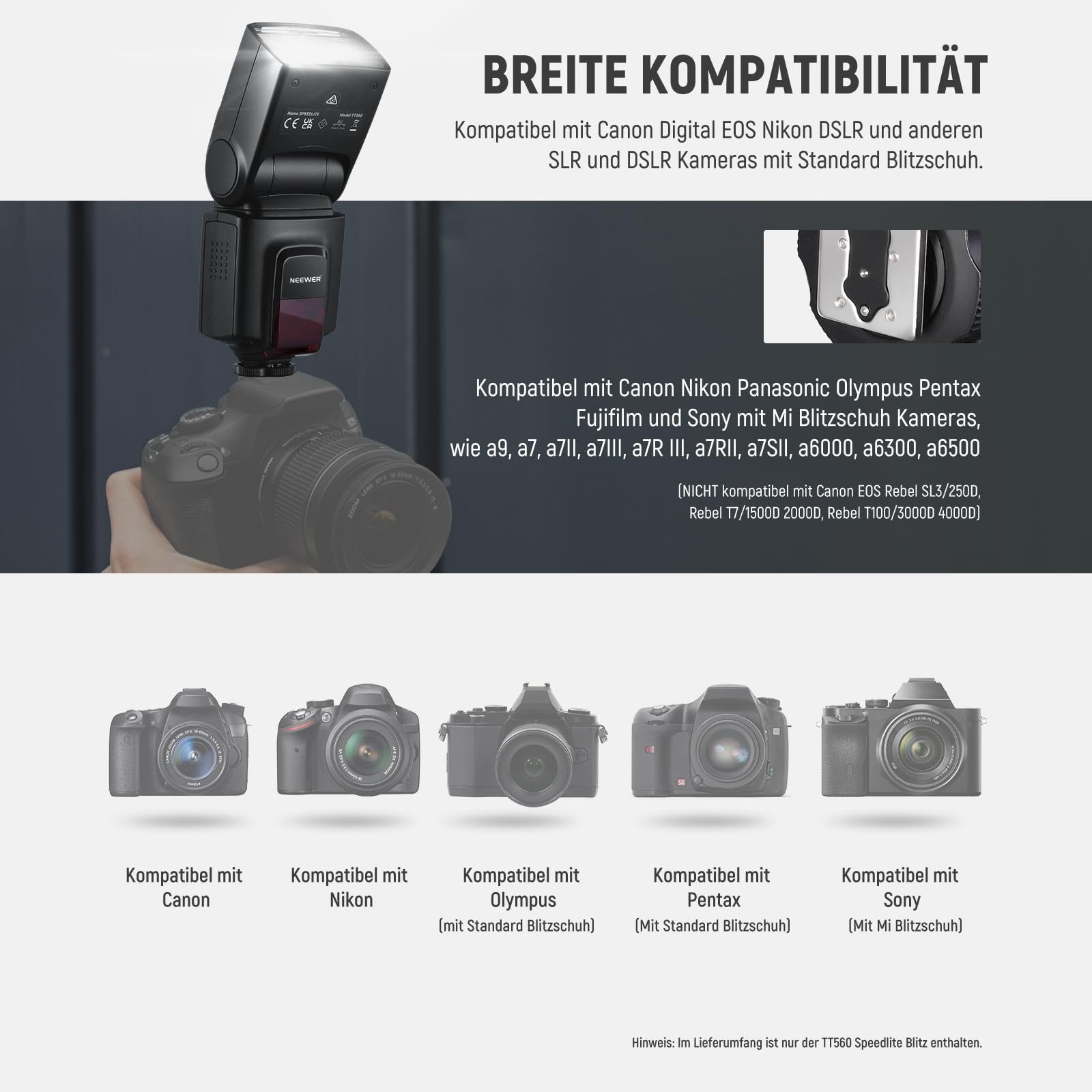 Neewer TT560 Blitz für Canon, Sony, Nikon DSLR mit Tasche & Zubehör Blitzgerät, (eine 8 stufige Leistungsregelung)