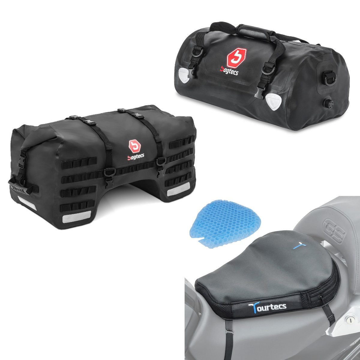 Bagtecs Reisetasche Set Hecktasche # SX70 70Ltr mit Drybag XF30 30Ltr und Motorrad Sitzkis