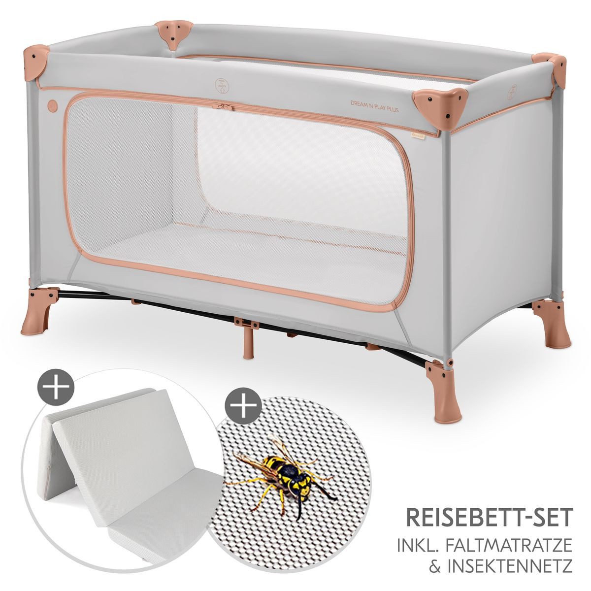 Hauck Baby-Reisebett Dream N Play Plus - Dusty Cork, Kinder Baby Reisebett mit großem Eingang, Matratze & Insektenschutz