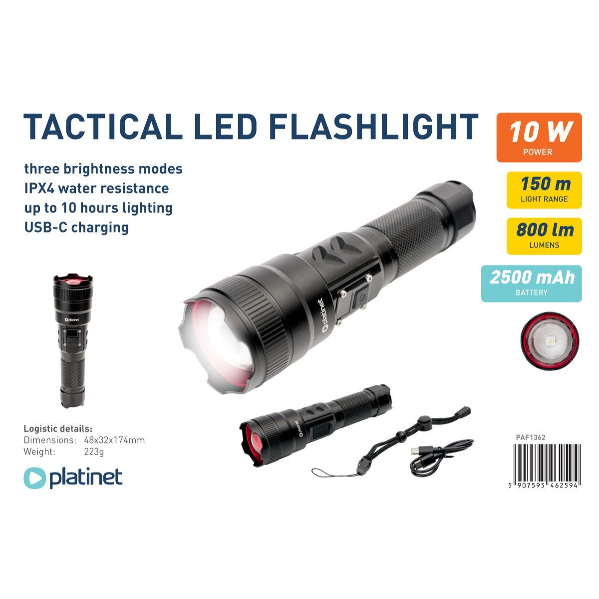 Platinet LED Taschenlampe PAF1362 (Einzelprodukt), 800lm Leuchtkraft und 150m Reichweite