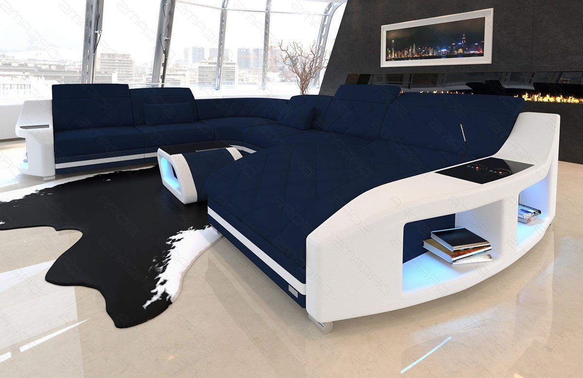Sofa Dreams Wohnlandschaft Designersofa Polsterstoff Sofa Swing XXL M Mikrofaser Stoffsofa, Couch wahlweise mit Bettfunktion dunkelblau-weiß