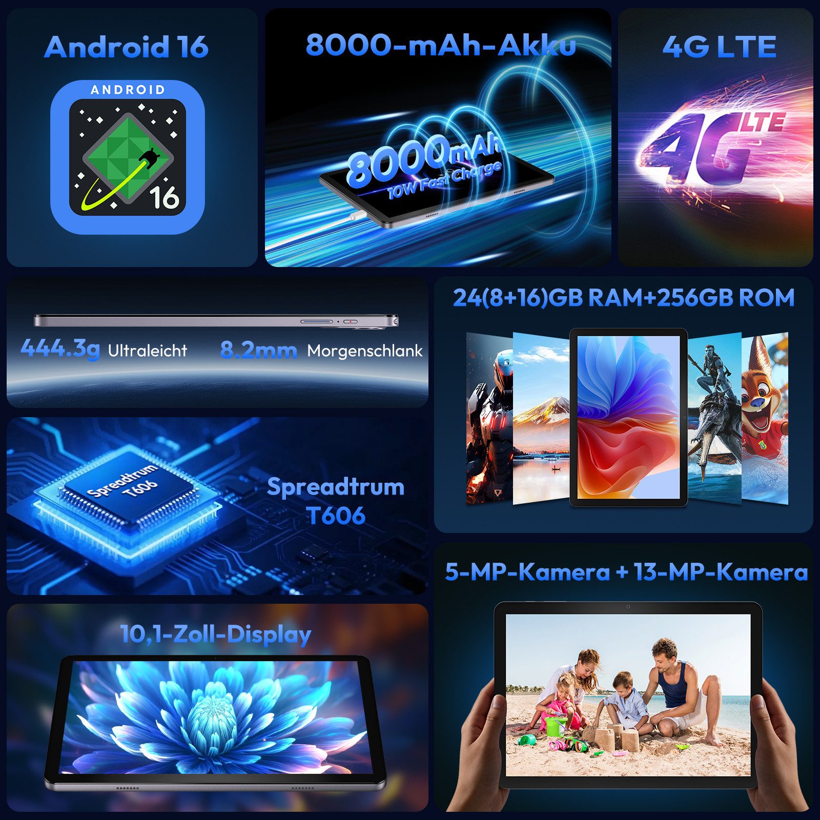 XGODY N05 Pro VIP (2SIM-4GLTE) mit Tastatur, Ledertasche und Ladegerät Tablet (10.1", 256 GB, Android 16, 2G (GSM), 3G (WCDMA), 4G (LTE), WLAN, SIM-Kartenslot, Gesichtserkennung, Ledertasche für Tastatur)