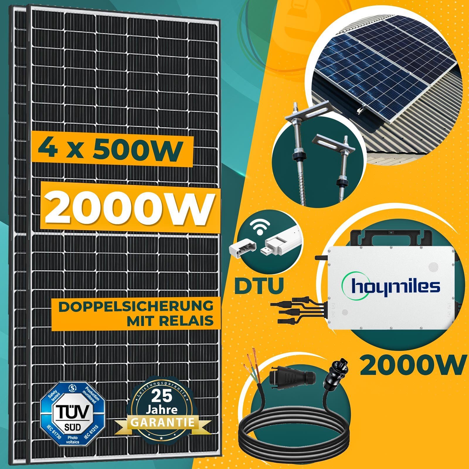 1600W Photovoltaik Balkonkraftwerk mit Sunpro 400W Solarmodule, Hoymiles  HMS-1600-4T Wechselrichter und 10m Wielandstecker