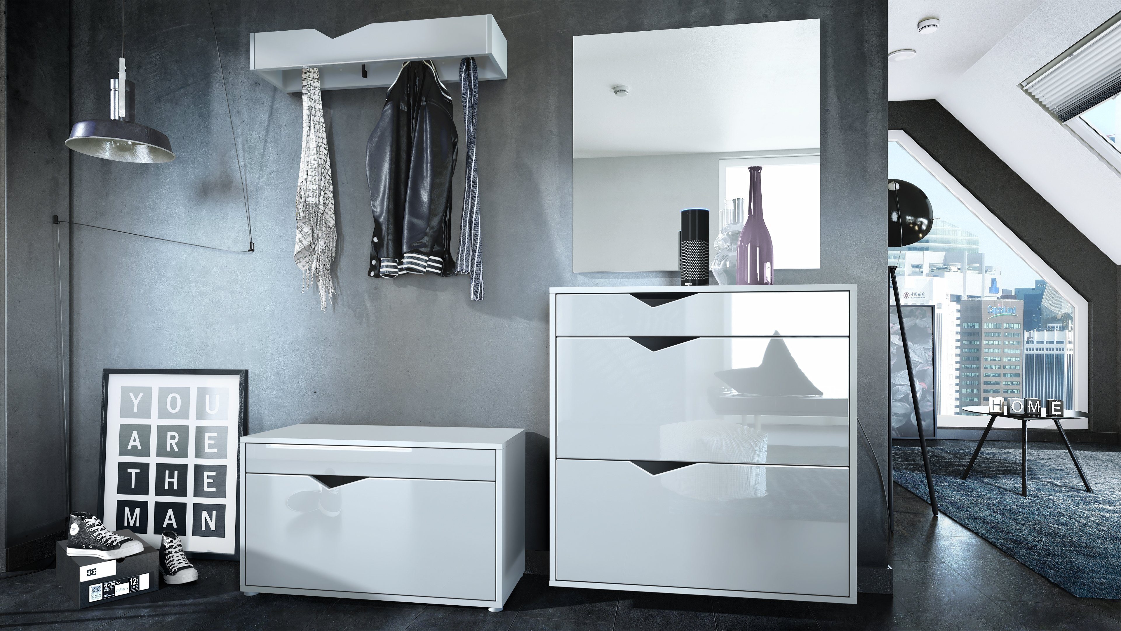 Vladon Garderoben-Set Kolmio, (Garderobenset bestehend aus 1 Schuhschrank, 1 Schuhbank, 1 Spiegel und 1 Wandgarderobe), Weiß matt/Weiß Hochglanz (190 x 185 x 33 cm)