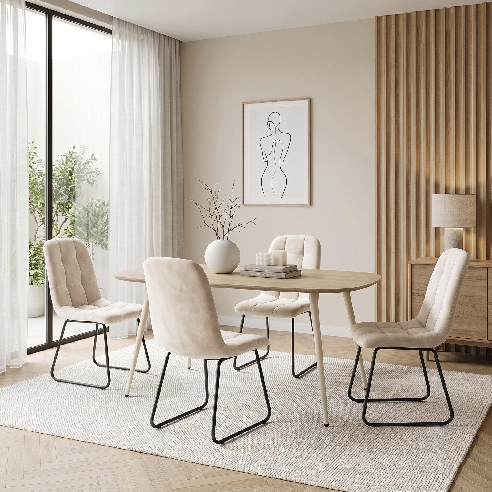 Jiexi Essgruppe Esstisch Set 120x69 MDF Eichenoptik Essgruppe mit Flanell Stühlen