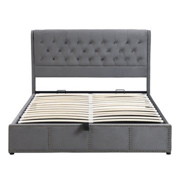REDOM Polsterbett Doppelbett (140 x 200 cm, ohne Matratze), mit Hydraulikhebel, Aufbewahrung von Bettkästen, Samt, grau