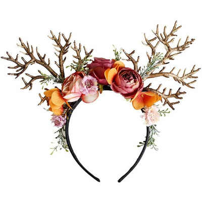 Houhence Haarband Rentier Geweih Haarreif mit Blumen Haarschmuck Elchgeweih Kopfschmuck, 10-tlg.