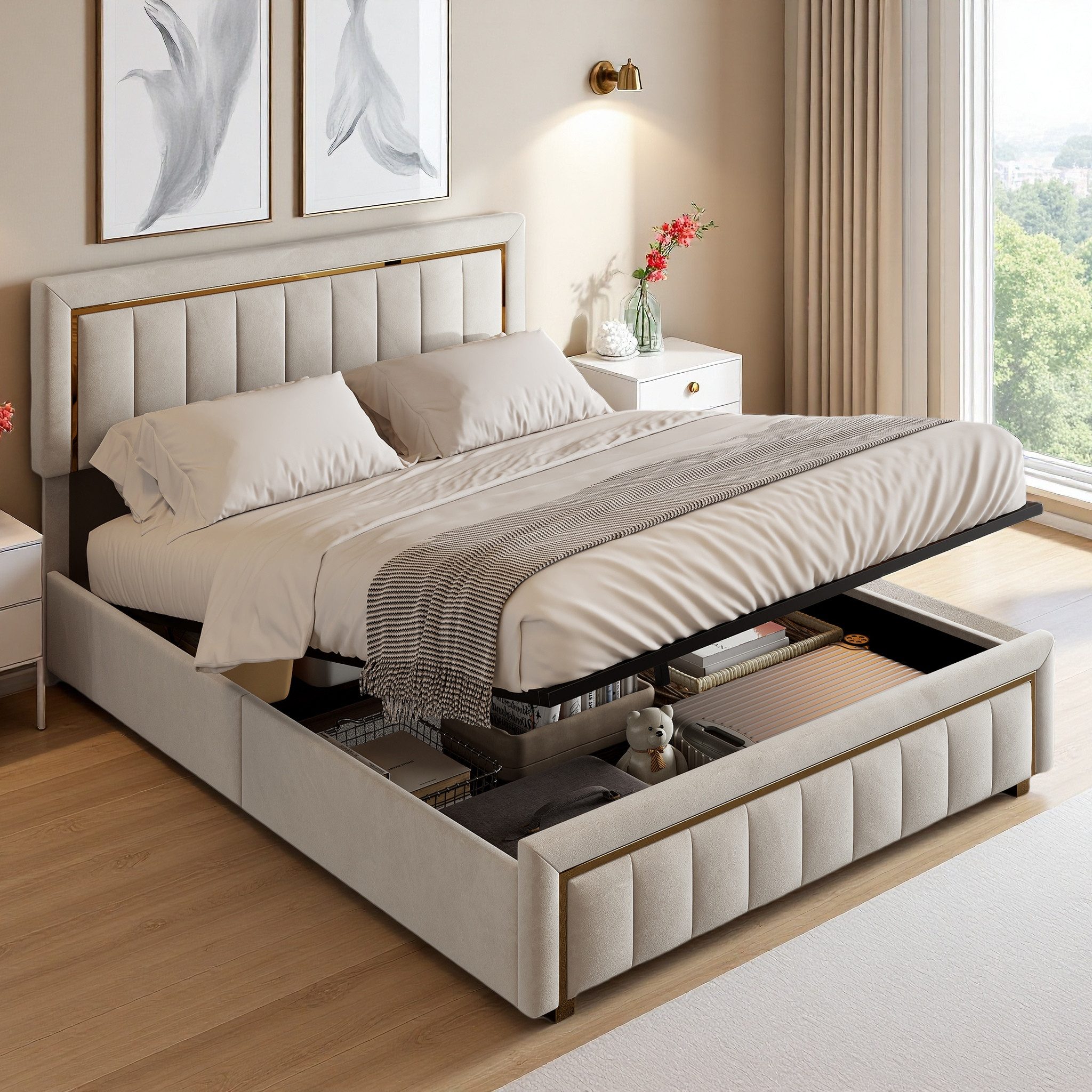 Simurq Polsterbett Bett 160x200cm mit Stauraum & Samt, Beige (Hydraulisch anhebbarer Bettstauraum), Funktionsbett