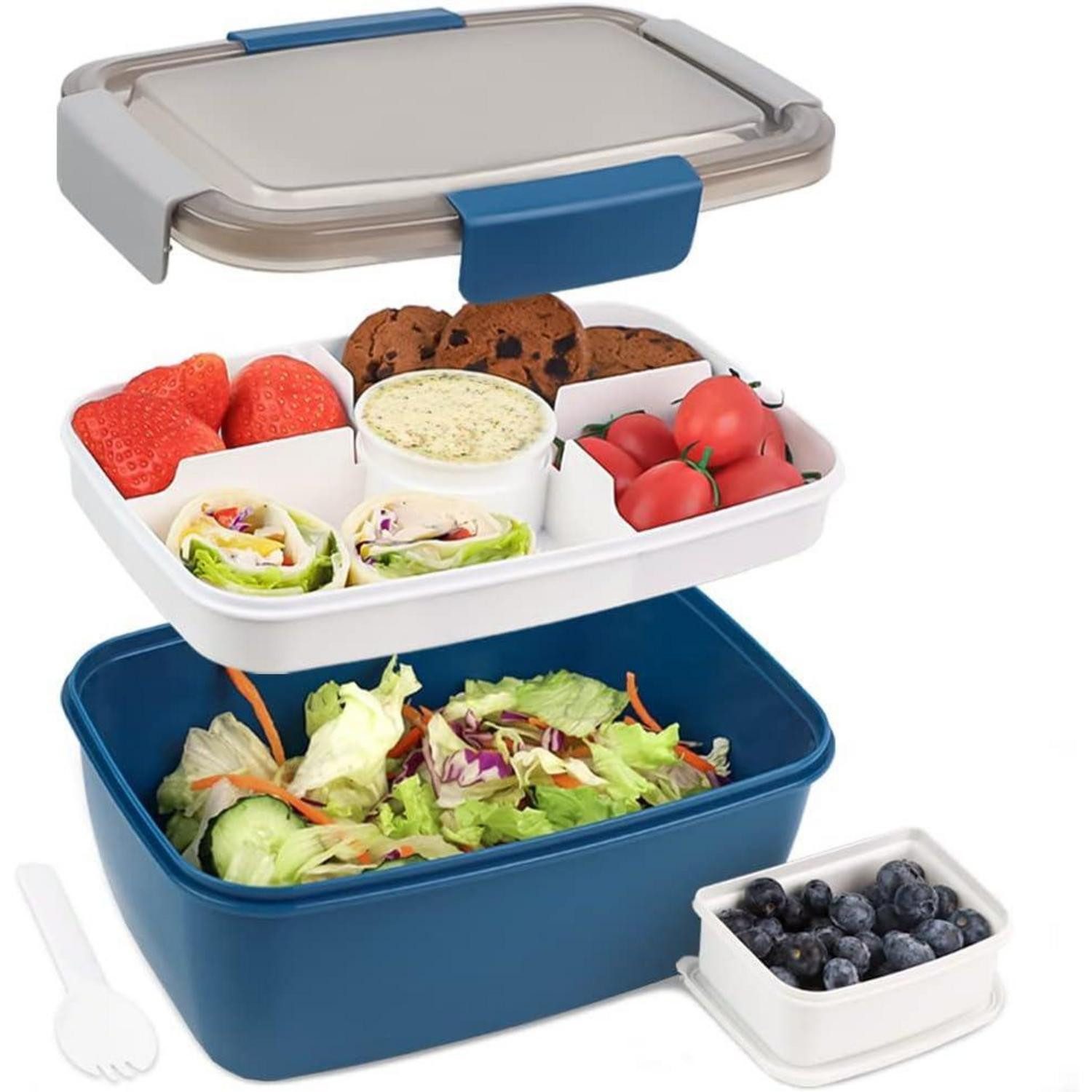 Aufbewahrungsbox Lunchbox Erwachsene 2000ML Bento Box mit Fächern Salatbox to Go Blau