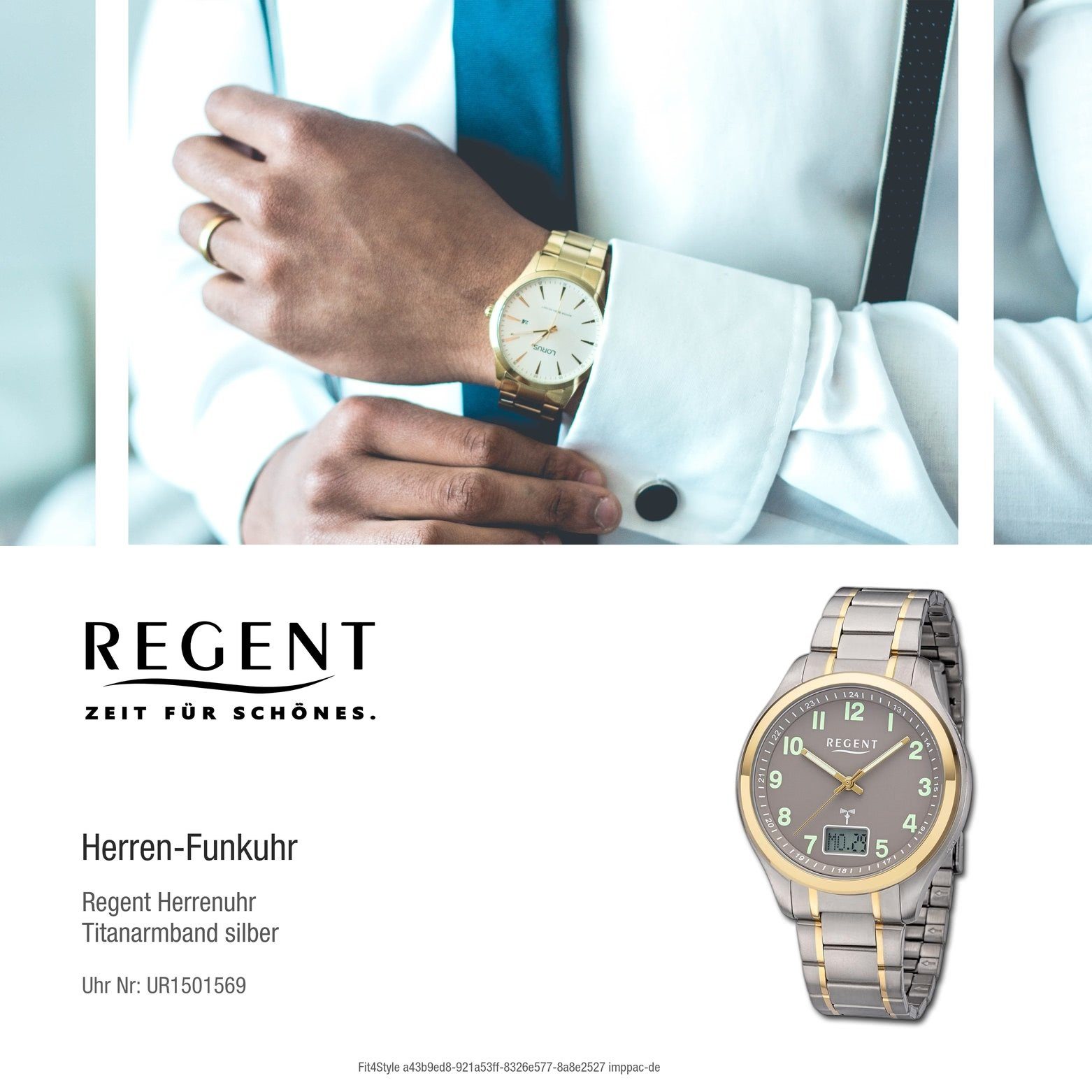 Regent Funkuhr Regent Herren (ca. Titanarmband Funkuhr Analog-Digital, 42mm), extra groß Herren rund, grau Funkuhr