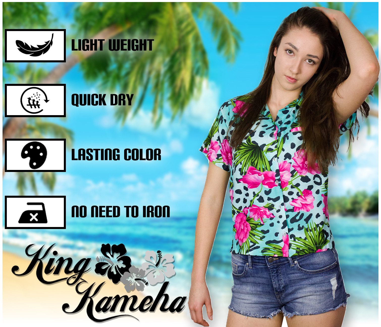 King Kameha Hawaiihemd Leopard Flowers Funky Hawaiibluse Damen Kurzarm Front-Tasche Stylish – Bild 4 von 5