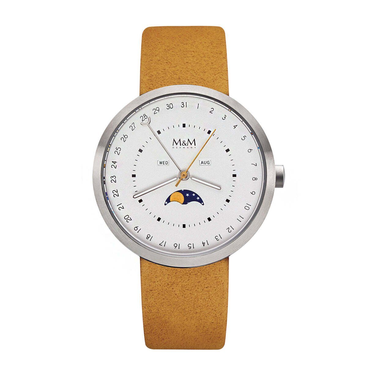 Designer Analoguhr deutsche Quarzuhr Manufaktur, Lederarmband Armbanduhr mit Uhr, edles Moon, Etui (1-tlg), inkl. M&M Lederarmband, rund