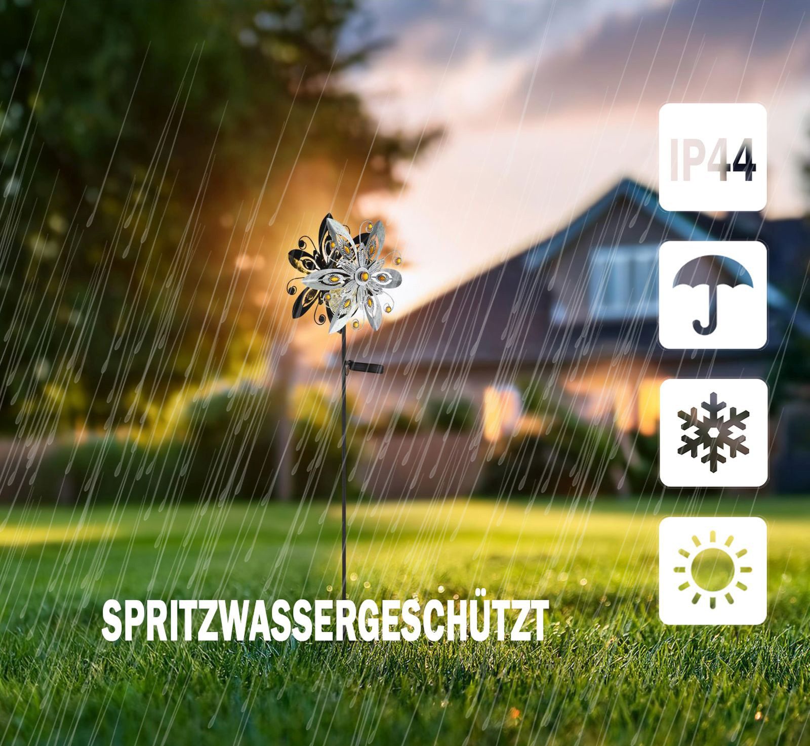 bmf-versand LED Solarleuchte Windrad Metall Garten Solar Solarleuchte Außen Solarlampe Windspiel, draußen drehend, LED fest integriert, Warmweiß, Windmühle Blume