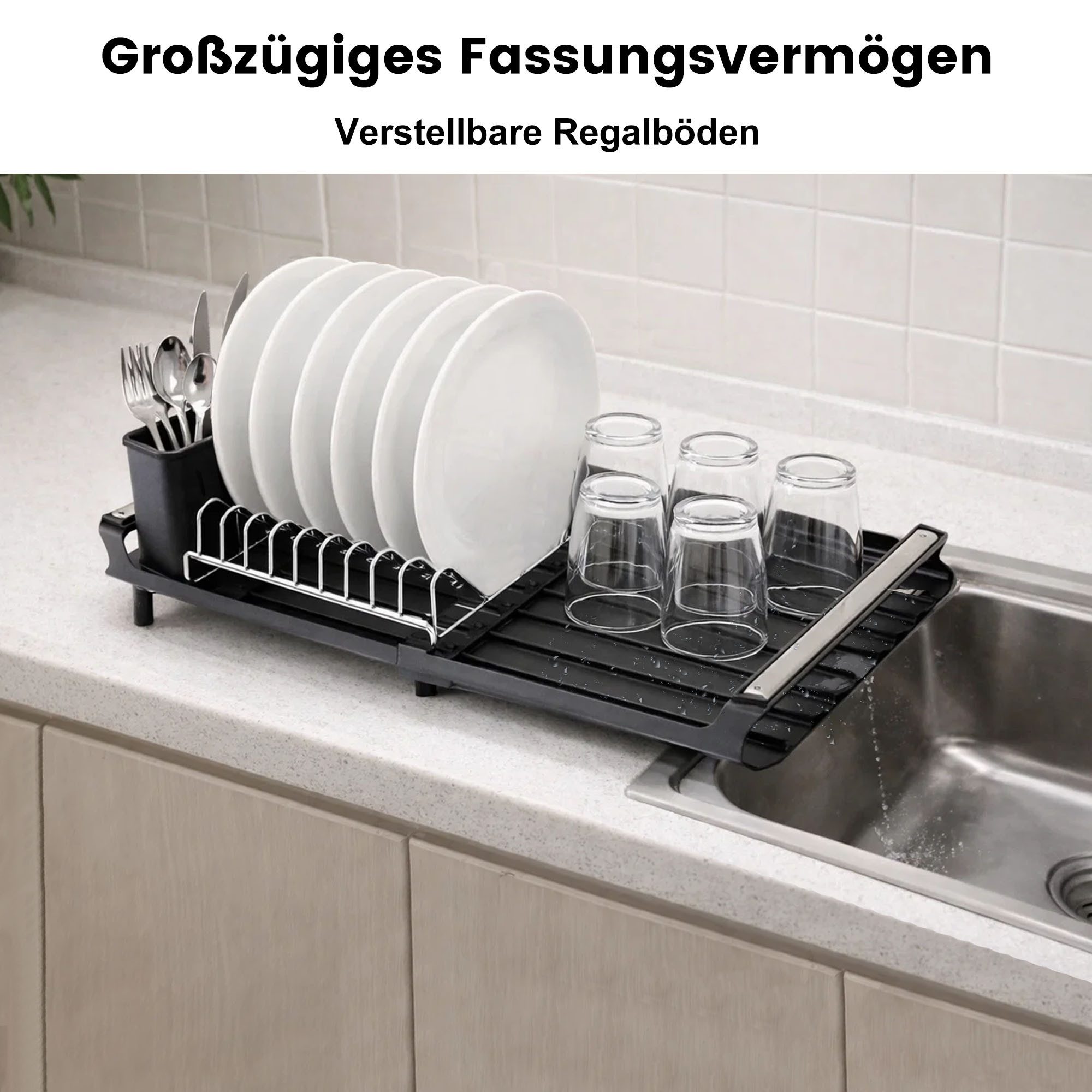 DAITORE Geschirrständer Geschirr Platzsparender Küchen Organizer,Kleines Spülgestell, Mit Ableitung,Geeignet für Teller,Becher und Geschirr