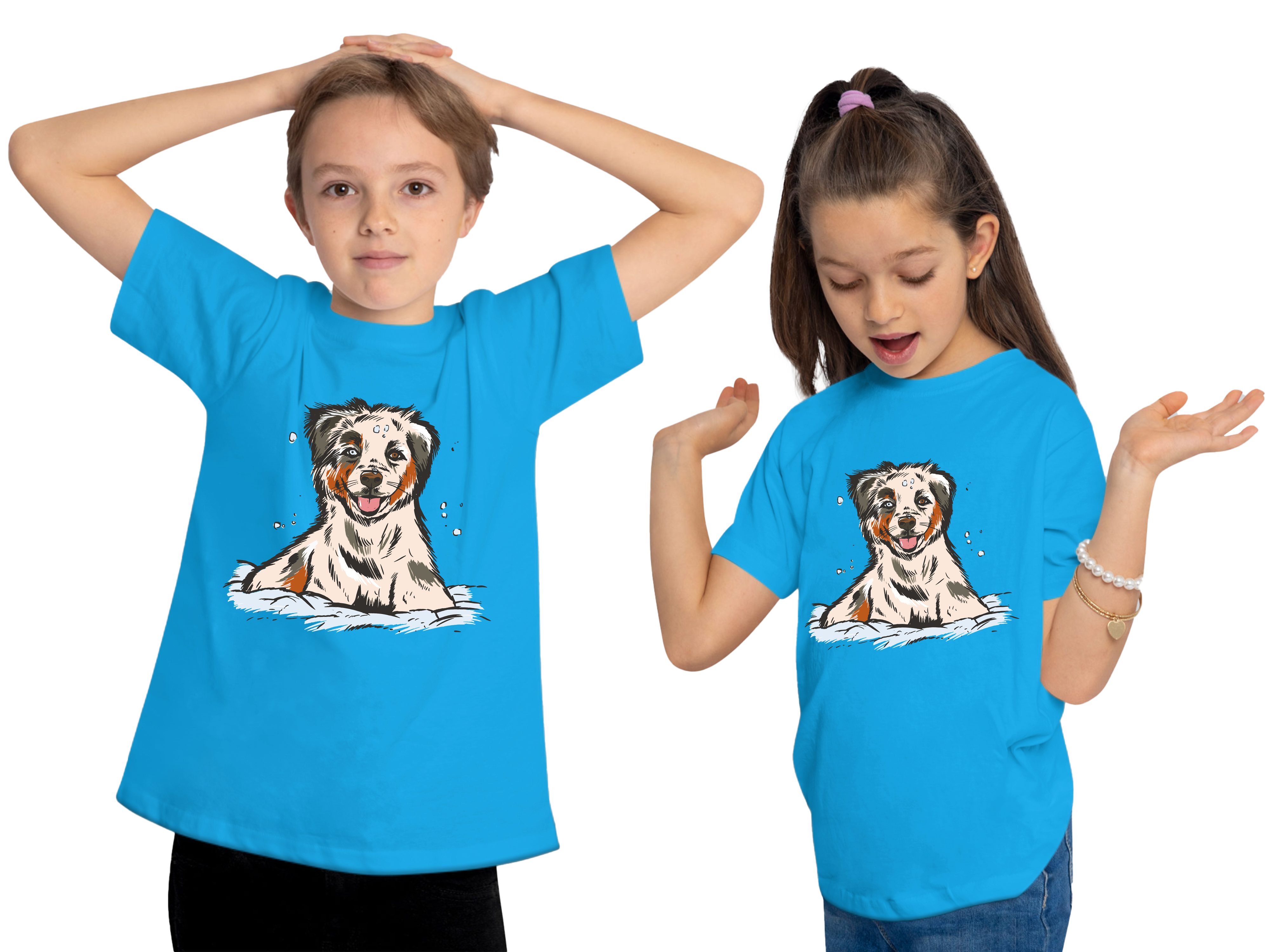 MyDesign24 Print-Shirt Australian und Hunde Aufdruck, bedrucktes i216 Baumwollshirt blau mit T-Shirt Jugend Welpe aqua Shepherd Kinder