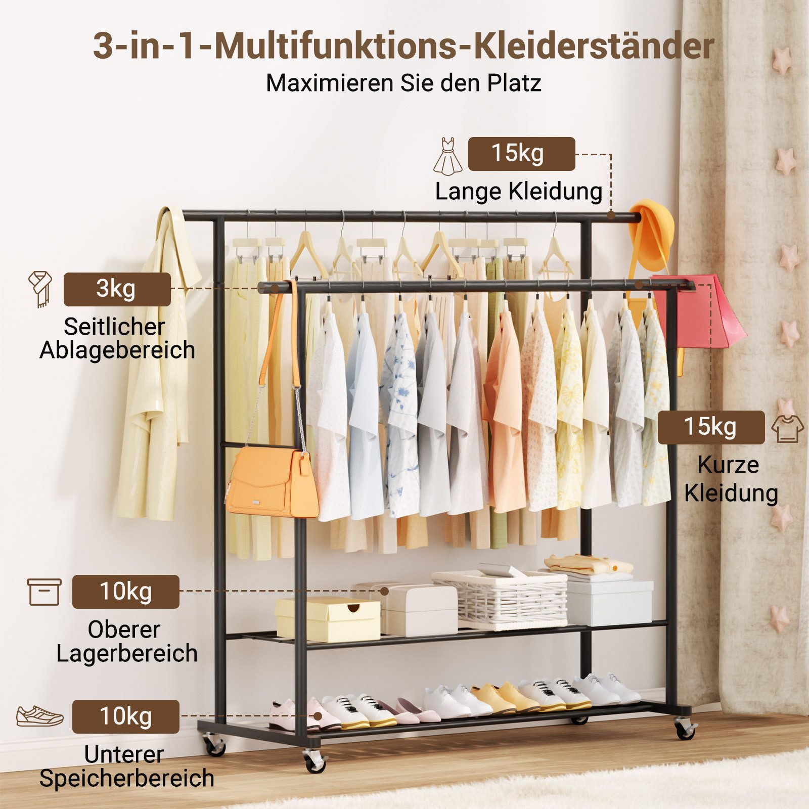loefme Kleiderständer 2 Regale + 2 Stangen, (115×40×145cm, bis 53 kg belast günstig online kaufen