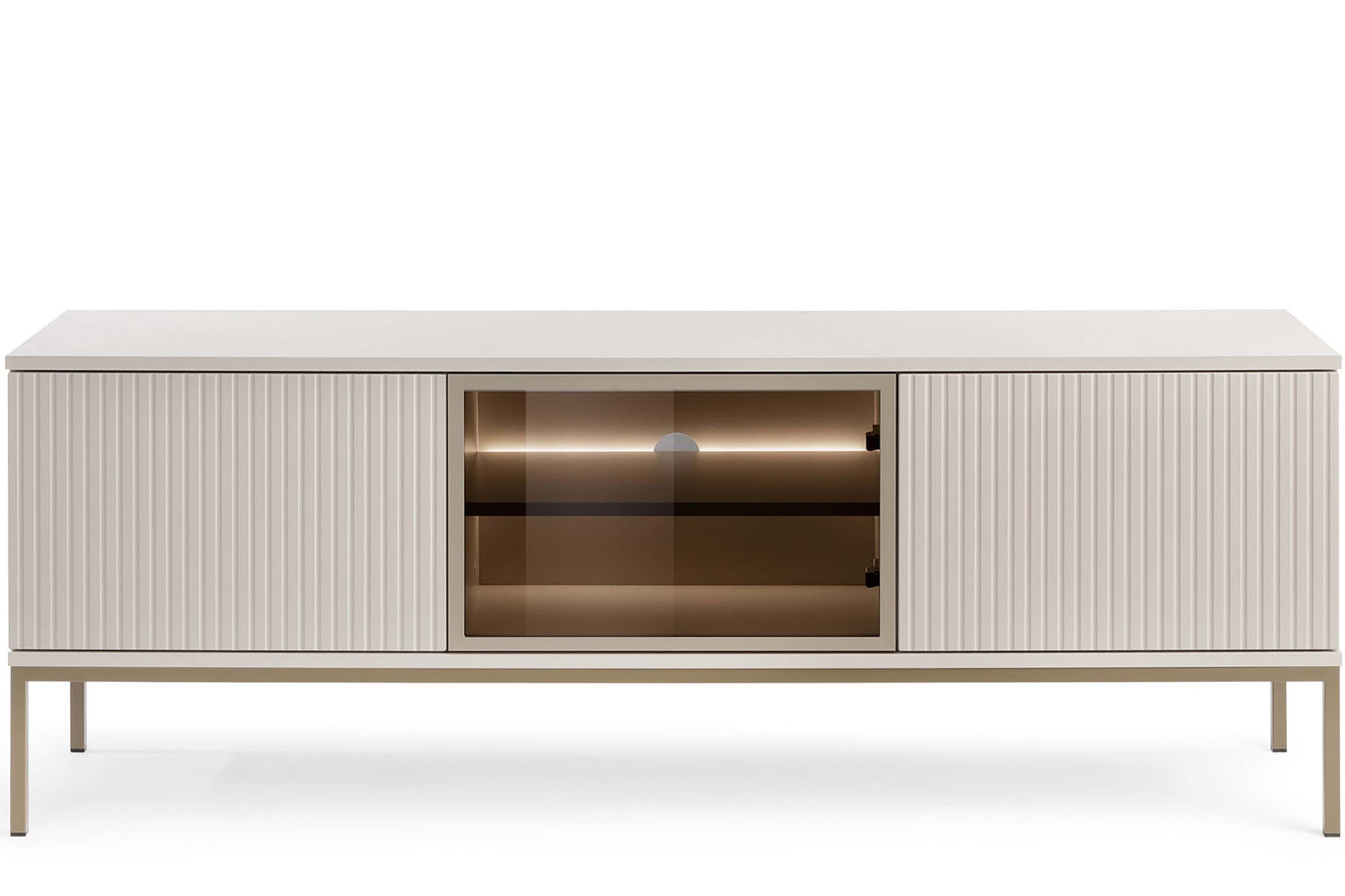 KONSIMO® TV-Schrank FONTE Lowboard, TV-Board, Fernsehtisch, hergestellt in der EU (Breite 154 cm, getönte Glastüren) geriffelte Fronten, mit LED-Beleuchtung, Push-to-Open