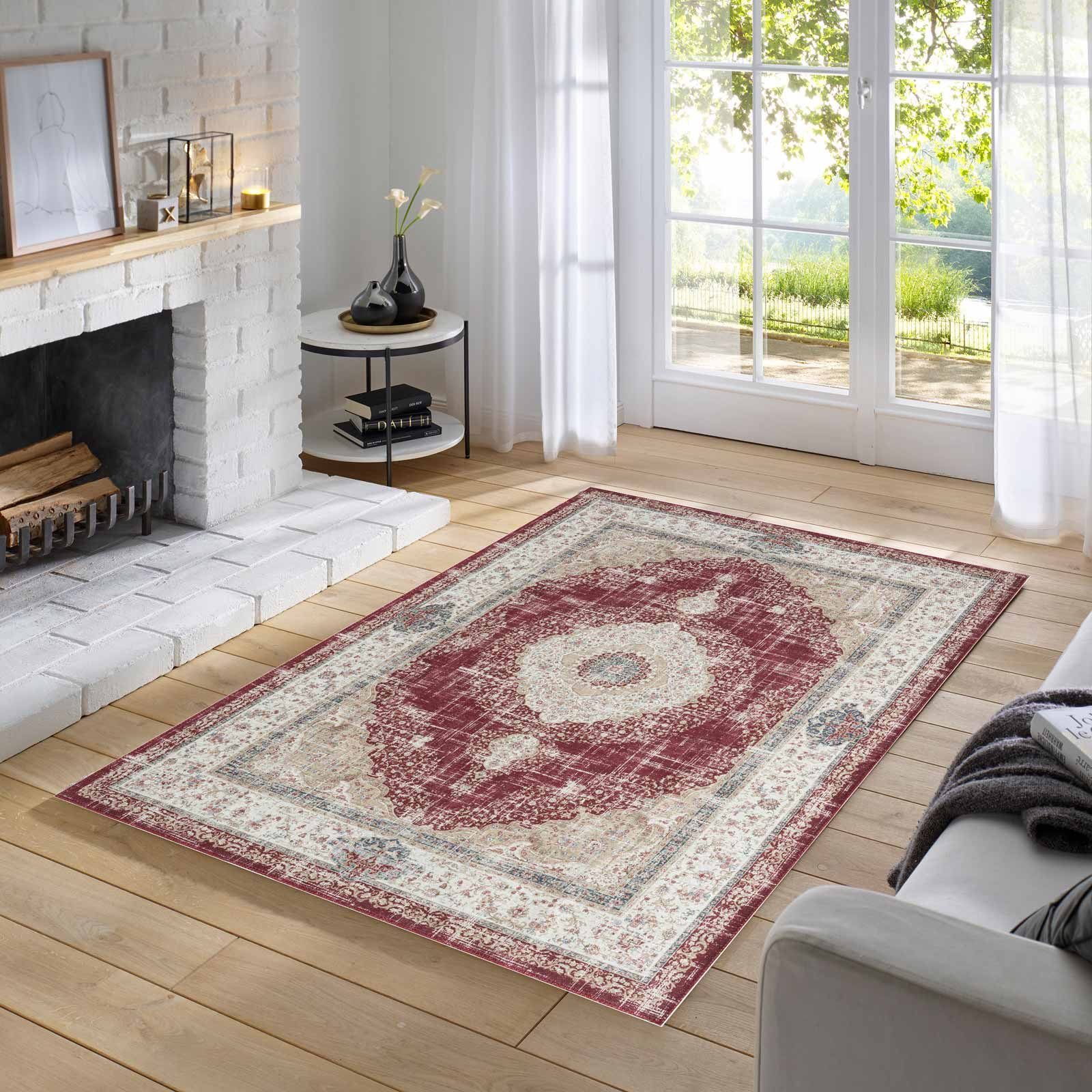 Teppich Odessa Flachgewebe Vintage Design waschbar, TaraCarpet, rechteckig, Höhe: 1 mm, Teppich Kerman rot beige Wohnzimmer Schlafzimmer Esszimmer 120x170