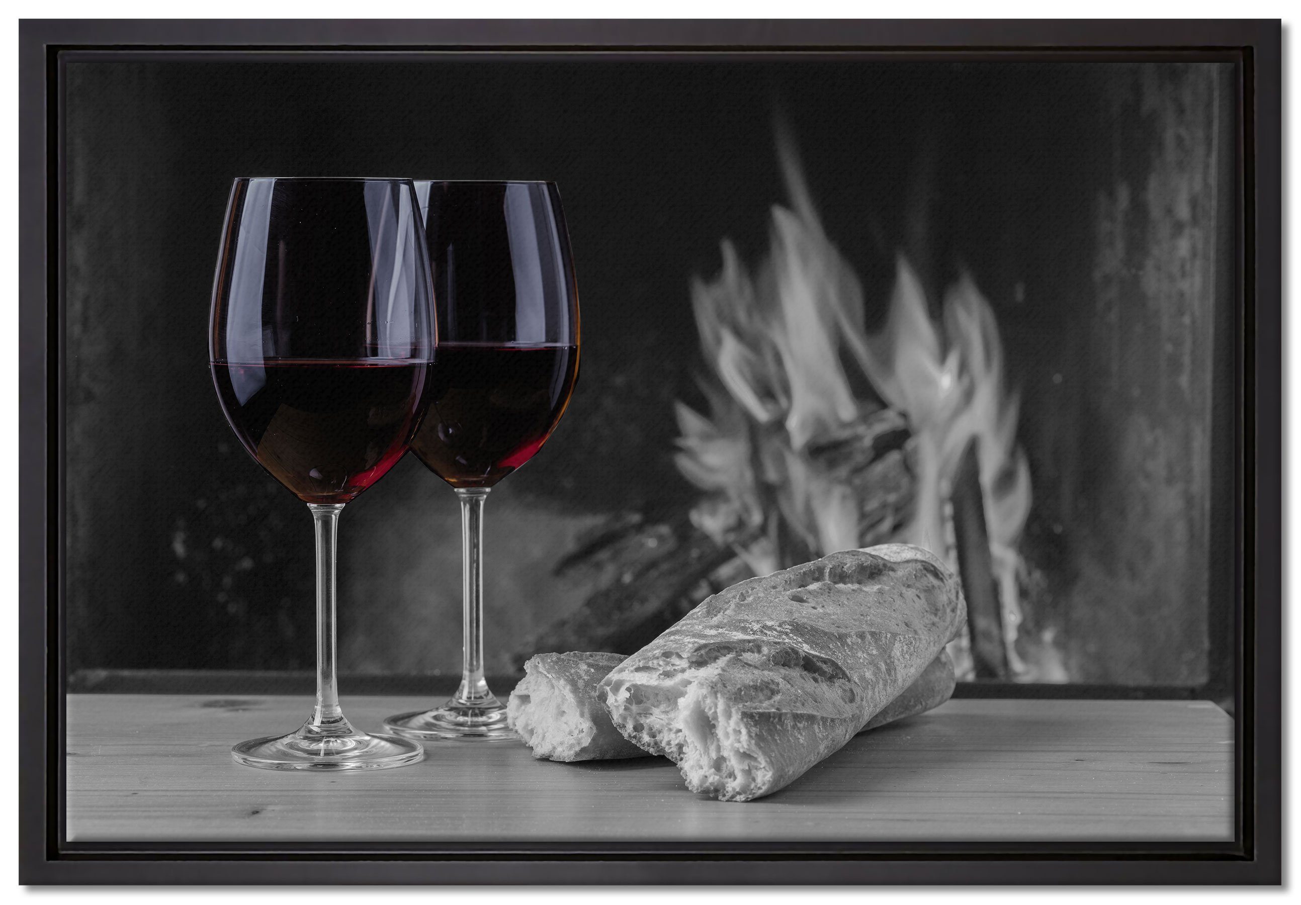 Pixxprint Leinwandbild Baguette Wein Picknick, Wanddekoration (1 St), Leinwandbild fertig bespannt, in einem Schattenfugen-Bilderrahmen gefasst, inkl. Zackenaufhänger